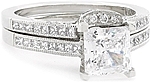 This image shows the setting with a 1.00ct princess cut center diamond. The setting can be ordered to accomodate any shape/size diamond listed in the setting details section below.