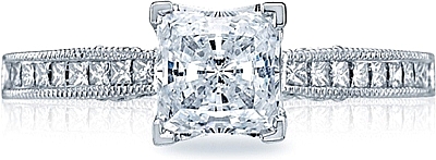 This image shows the setting with a .85ct princess cut center diamond. The setting can be ordered to accommodate any shape/size diamond listed in the setting details section below.