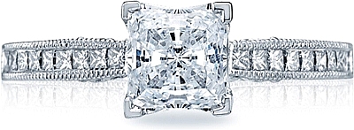 This image shows the setting with a .85ct princess cut center diamond. The setting can be ordered to accommodate any shape/size diamond listed in the setting details section below.