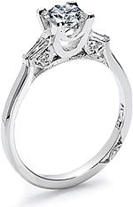 This image shows the setting with a .75ct round brilliant cut center diamond. The setting can be ordered to accommodate any shape/size diamond listed in the setting details section below.