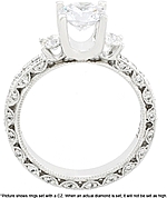 This image shows the setting with a 1.00ct round brilliant cut center diamond. The setting can be ordered to accomodate any shape/size diamond listed in the setting details section below.