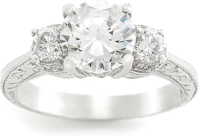 This image shows the setting with a 1.50ct round brilliant cut center diamond. The setting can be ordered to accomodate any shape/size diamond listed in the setting details section below.