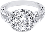 This image shows the setting with a 2.25ct cushion cut center diamond. The setting can be ordered to accommodate any shape/size diamond listed in the setting details section below.