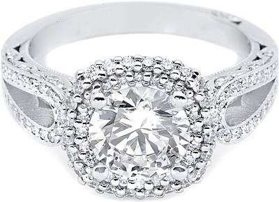 This image shows the setting with a 2.25ct cushion cut center diamond. The setting can be ordered to accommodate any shape/size diamond listed in the setting details section below.