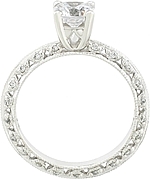 This image shows the setting with a 0.75ct round brilliant cut center diamond. The setting can be ordered to accomodate any shape/size diamond listed in the setting details section below.
