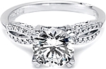 This image shows the setting with a 1.00ct round brilliant cut center diamond. The setting can be ordered to accommodate any shape/size diamond listed in the setting details section below.