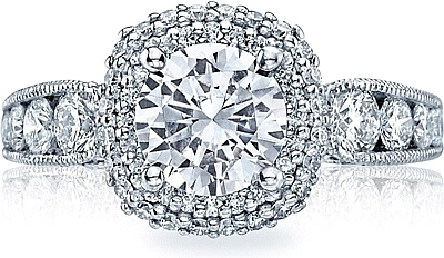 This image shows the setting with a 1.75ct cushion cut center diamond. The setting can be ordered to accommodate any shape/size diamond listed in the setting details section below.