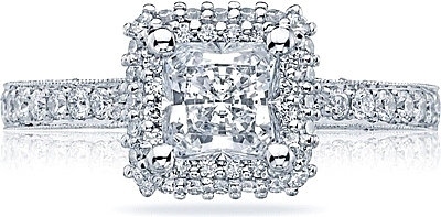 This image shows the setting with a .85ct princess cut center diamond. The setting can be ordered to accommodate any shape/size diamond listed in the setting details section below.