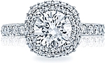 This image shows the setting with a 2.25ct cushion cut center diamond. The setting can be ordered to accommodate any shape/size diamond listed in the setting details section below.