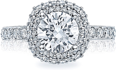 This image shows the setting with a 2.25ct cushion cut center diamond. The setting can be ordered to accommodate any shape/size diamond listed in the setting details section below.