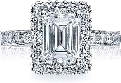 This image shows the setting with a 2.15ct emerald cut center diamond. The setting can be ordered to accommodate any shape/size diamond listed in the setting details section below.