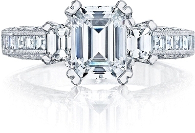 This image shows the setting with a 1.50ct emerald cut center diamond. The setting can be ordered to accommodate any shape/size diamond listed in the setting details section below.