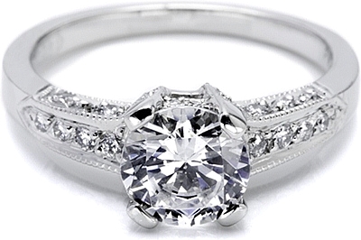 This image shows the setting with a 1.25ct round brilliant cut center diamond. The setting can be ordered to accomodate any shape/size diamond listed in the setting details section below.
