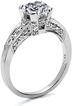 This image shows the setting with a 1.25ct round brilliant cut center diamond. The setting can be ordered to accomodate any shape/size diamond listed in the setting details section below.