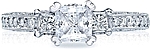 This image shows the setting with a .75ct princess cut center diamond. The setting can be ordered to accommodate any shape/size diamond listed in the setting details section below.