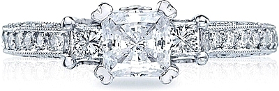 This image shows the setting with a .75ct princess cut center diamond. The setting can be ordered to accommodate any shape/size diamond listed in the setting details section below.