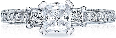 This image shows the setting with a .75ct princess cut center diamond. The setting can be ordered to accommodate any shape/size diamond listed in the setting details section below.