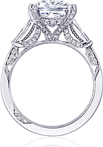 This image shows the setting with a 2.50ct princess cut center diamond. The setting can be ordered to accommodate any shape/size diamond listed in the setting details section below.