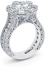 This image shows the setting with a 3.00ct round brilliant cut center diamond. The setting can be ordered to accomodate any shape/size diamond listed in the setting details section below.