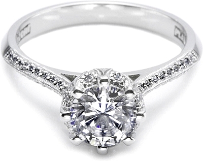 This image shows the setting with a 1.00ct round brilliant cut center diamond. The setting can be ordered to accommodate any shape/size diamond listed in the setting details section below.
