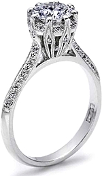 This image shows the setting with a 1.00ct round brilliant cut center diamond. The setting can be ordered to accommodate any shape/size diamond listed in the setting details section below.