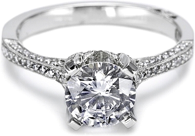 This image shows the setting with a 1.25ct round brilliant cut center diamond. The setting can be ordered to accommodate any shape/size diamond listed in the setting details section below.
