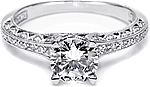 This image shows the setting with a 1.00ct round brilliant cut center diamond. The setting can be ordered to accommodate any shape/size diamond listed in the setting details section below.