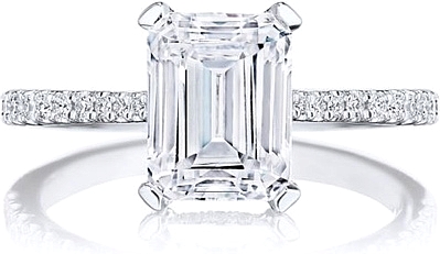 This image shows the setting with a 2.00ct emerald cut center diamond. The setting can be ordered to accommodate any shape/size diamond listed in the setting details section below.