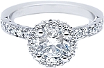 This image shows the setting with a 1.00ct round brilliant center diamond. The setting can be ordered to accommodate any shape/size diamond listed in the setting details section below.