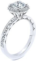 This image shows the setting with a 1.00ct round brilliant center diamond. The setting can be ordered to accommodate any shape/size diamond listed in the setting details section below.