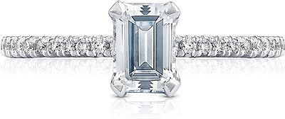 This image shows the setting with a .90ct emerald cut center diamond. The setting can be ordered to accommodate any shape/size diamond listed in the setting details section below.