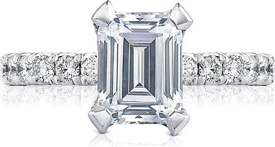 This image shows the setting with a 2.00ct emerald cut center diamond. The setting can be ordered to accommodate any shape/size diamond listed in the setting details section below.