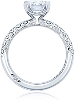 This image shows the setting with a 2.00ct emerald cut center diamond. The setting can be ordered to accommodate any shape/size diamond listed in the setting details section below.