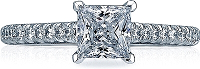 This image shows the setting with a .85ct princess cut center diamond. The setting can be ordered to accommodate any shape/size diamond listed in the setting details section below.