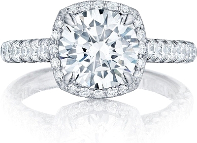 This image shows the setting with a 2.00 round brilliant cut center diamond. The setting can be ordered to accommodate any shape/size diamond listed in the setting details section below.