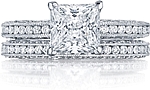 This image shows the setting with a 2.00ct princess cut center diamond. The setting can be ordered to accommodate any shape/size diamond listed in the setting details section below. Matching wedding band is sold separately. 