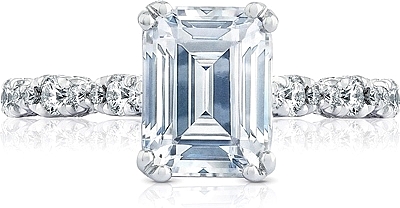 This image shows the setting with a 1.50ct emerald cut center diamond. The setting can be ordered to accommodate any shape/size diamond listed in the setting details section below.