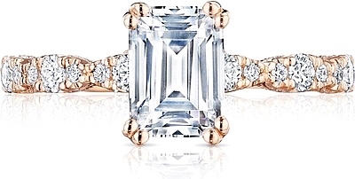 This image shows the setting with a 1.25ct emerald cut center diamond. The setting can be ordered to accommodate any shape/size diamond listed in the setting details section below.