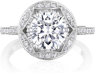 This image shows the setting with a 1.50ct round brilliant cut center diamond. The setting can be ordered to accommodate any shape/size diamond listed in the setting details section below.