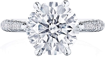 This image shows the setting with a 1.50ct round brilliant cut center diamond. The setting can be ordered to accommodate any shape/size diamond listed in the setting details section below.
