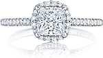This image shows the setting with a .85ct princess cut center diamond. The setting can be ordered to accommodate any shape/size diamond listed in the setting details section below.