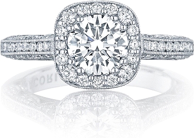 This image shows the setting with a 1.00ct round brilliant cut center diamond. The setting can be ordered to accommodate any shape/size diamond listed in the setting details section below.