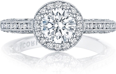 This image shows the setting with a 1.00ct round brilliant cut center diamond. The setting can be ordered to accommodate any shape/size diamond listed in the setting details section below.