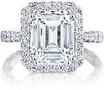 This image shows the setting with a 3.50ct emerald cut center diamond. The setting can be ordered to accommodate any shape/size diamond listed in the setting details section below.
