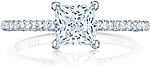 This image shows the setting with a .85ct princess cut center diamond. The setting can be ordered to accommodate any shape/size diamond listed in the setting details section below.