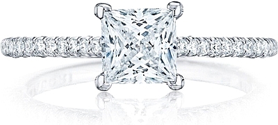 This image shows the setting with a .85ct princess cut center diamond. The setting can be ordered to accommodate any shape/size diamond listed in the setting details section below.