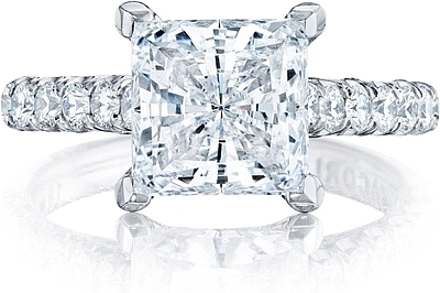 This image shows the setting with a 3.00ct princess cut center diamond. The setting can be ordered to accommodate any shape/size diamond listed in the setting details section below.