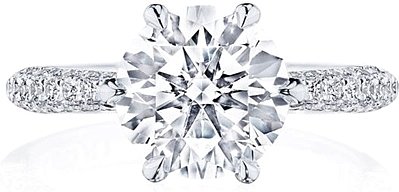 This image shows the setting with a 2.50ct round brilliant cut center diamond. The setting can be ordered to accommodate any shape/size diamond listed in the setting details section below.