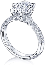 This image shows the setting with a 2.50ct round brilliant cut center diamond. The setting can be ordered to accommodate any shape/size diamond listed in the setting details section below.