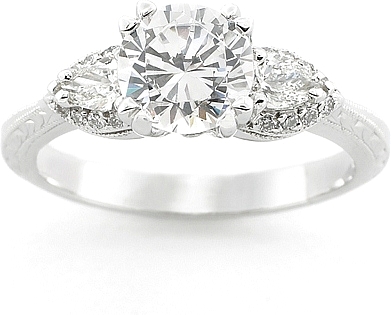 This image shows the setting with a 1.25ct round brilliant cut center diamond. The setting can be ordered to accomodate any shape/size diamond listed in the setting details section below.